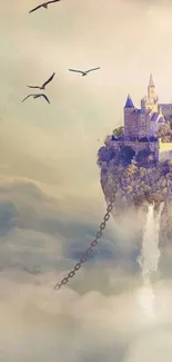 Floating castle in the sky with birds amidst clouds.