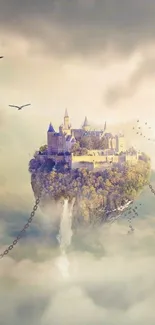 Floating castle fantasy wallpaper with chains and clouds.