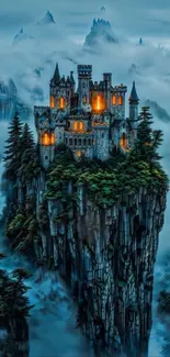 Floating castle surrounded by fog in a mountainous landscape at dusk.