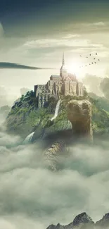 A floating castle perched on a turtle's back, surrounded by clouds in a mystical landscape.