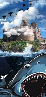 Floating island castle with an animated shark below, set against a vibrant sky.