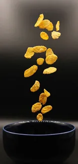 Artistic image of cereal flakes floating above a dark bowl with a black background.