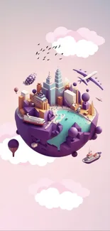 Floating city globe with skyscrapers and vehicles on a violet backdrop.