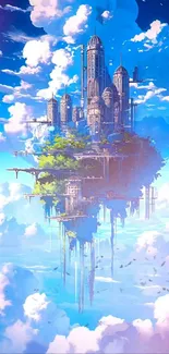 A floating city amidst fluffy clouds and a vibrant blue sky.