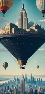 Surreal artwork of a floating city with hot air balloons and a dreamlike skyline.