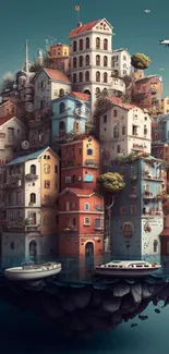 Whimsical floating cityscape with vibrant houses and boats, in fantasy style art.