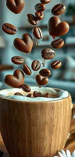 Coffee beans and heart shapes floating above a wooden mug.