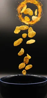 Floating cornflakes cascading into a bowl with fire ring.