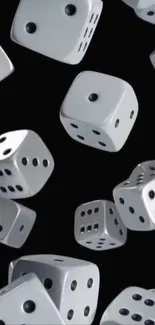 White dice floating on a black background in a mobile wallpaper.