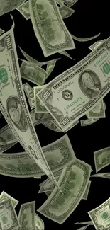 Floating dollar bills on a black background, perfect for finance enthusiasts.