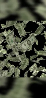 Mobile wallpaper with falling dollar bills on black background.