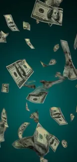 Floating dollar bills mobile wallpaper on teal background.