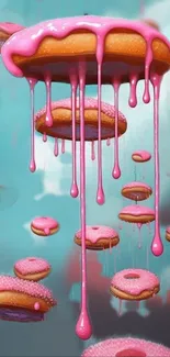 Floating pink glazed donuts in a surreal sky setting.