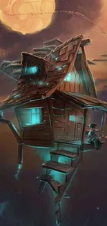 Floating fantasy house in teal glow under mystical moonlight.