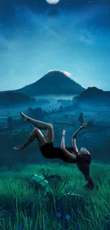 Floating figure in a moonlit landscape with a mountain backdrop.