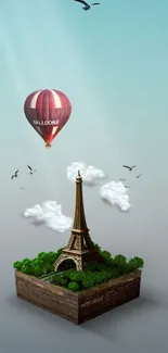 Floating Eiffel Tower with hot air balloon in fantasy setting.