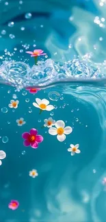 Colorful flowers floating in shimmering blue water enhancing beauty.