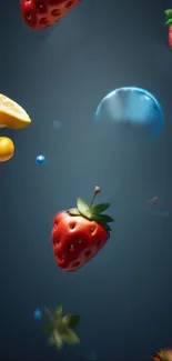 Floating fruits, including strawberries and lemons, on a dark background.