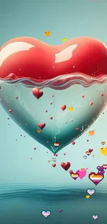 Floating glass heart on teal background with red highlights.