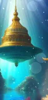 Floating golden temple with celestial rays in a mystical fantasy setting.