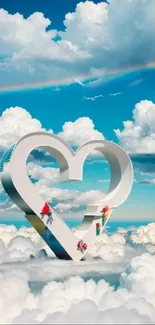 Heart-shaped sculpture amidst fluffy clouds and blue sky.