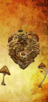 Fiery abstract mushroom art wallpaper with earthy tones and fantasy elements.