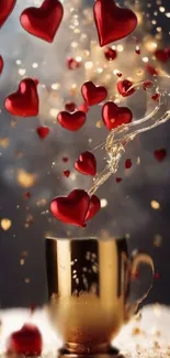 Floating red hearts with golden mug backdrop.