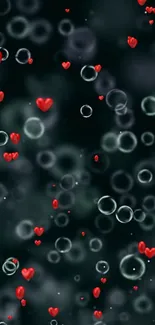 Mobile wallpaper with red hearts and bubbles on a black background.