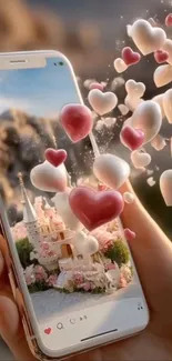 Mobile wallpaper with floating hearts illusion in a romantic fantasy theme.