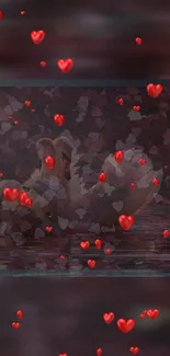 Enchanted mobile wallpaper with floating red hearts.