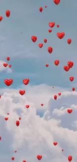 Mobile wallpaper with red hearts floating in a blue sky with white clouds.