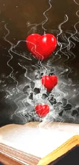 Floating red hearts above an open book with a smoke effect background.