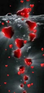 Red hearts floating on dark background mobile wallpaper.