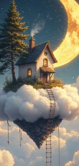 A house floating on a cloud with a full moon background.
