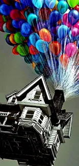 Floating house with colorful balloons in the sky, artistic phone wallpaper.