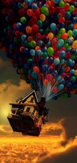 House floating with vibrant balloons against a sunset sky.