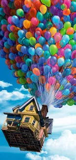 Colorful house lifted by balloons under a blue sky.