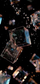 Floating ice cubes with bubbles on a dark background.