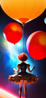 A whimsical figure with balloons floats in a vibrant cosmic scene with planets.