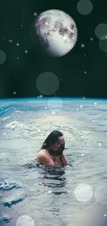 Artwork of person floating on cosmic ocean with Earth and moon view.