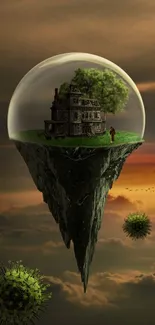 Surreal mobile wallpaper of a floating island with a house, tree, and sunset.