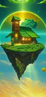 Fantasy art of a floating island with a house and celestial backdrop.