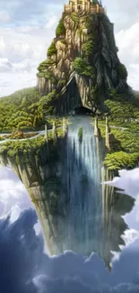 Floating island surrounded by clouds and waterfalls in a fantasy setting.