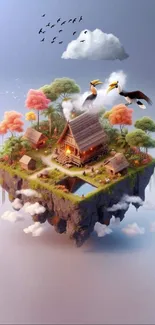 Fantasy art of a floating island village with vibrant trees and serene backdrop.