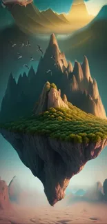 A floating island with lush greenery and mountains under a dreamy sky.