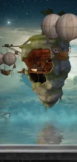 Fantasy floating island with airships and serene clouds.