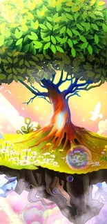 Fantasy wallpaper featuring a tree on a floating island with a vibrant sky.