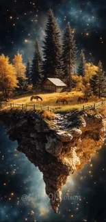 Fantasy wallpaper of a floating island with horses and trees.