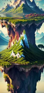 Floating island with lush mountains and blue sky fantasy wallpaper.