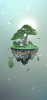 3D floating island with lush greenery against a tranquil sky.